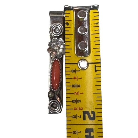 Vintage Navajo Sterling Silver Tie Clip Floral Design Coral Accent 2" Money Clip - Picture 5 of 7